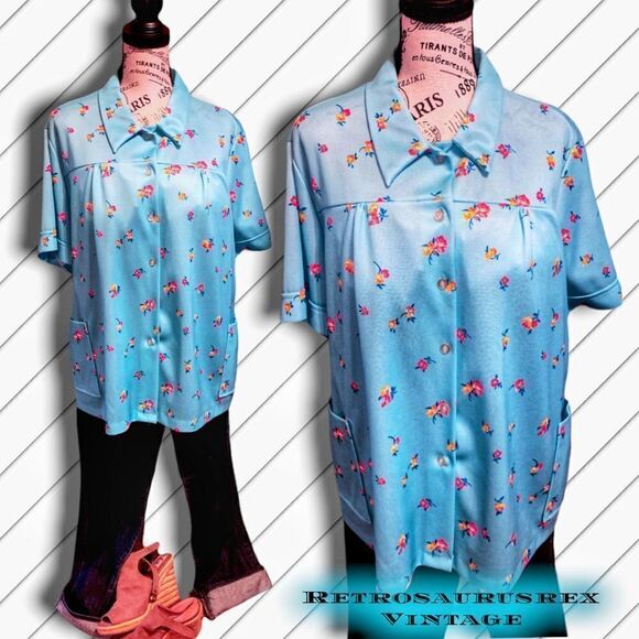 𝅺vintage 1970’s Mod Blue Floral Button Up Tent Blouse Plus Size 3X - Picture 1 of 6